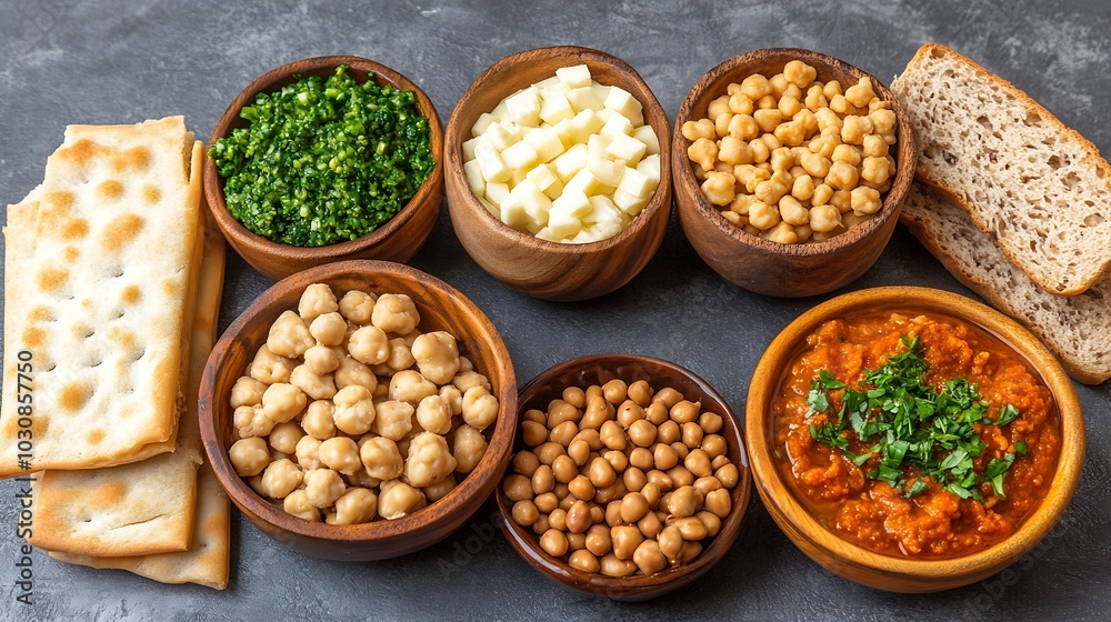 Various ingredients for a Middle Eastern meal arranged in wooden bowls on a grey surface. Various ingredients for a Middle Eastern meal arranged in wooden bowls on a grey surface.