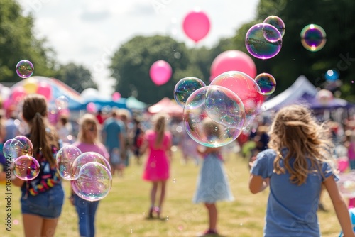 Fototapeta Naklejka Na Ścianę i Meble -  Children play in a sunny park surrounded by colorful balloons and bubbles during a summer festival celebration