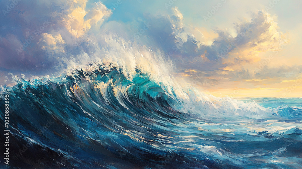 Dramatic Ocean Wave Crashing Under Cloudy Sky Coastal Scenery Painting Dramatic Ocean Wave Crashing Under Cloudy Sky Coastal Scenery Painting