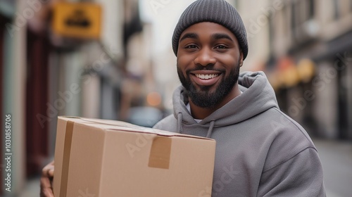 Happy man with a box. Delivery 