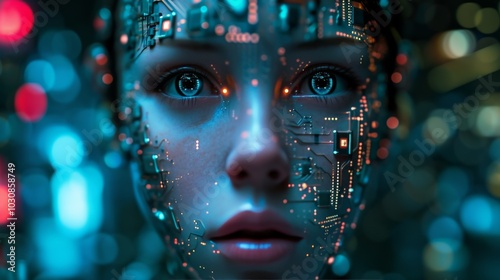 The face of android young woman covered with integrated microcircuits against background of IT equipment, neon lights and digital elements. Future human robot with electronic chips and circuit on head