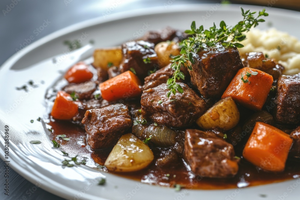 Meat and vegetable dish on a white plate Meat and vegetable dish on a white plate