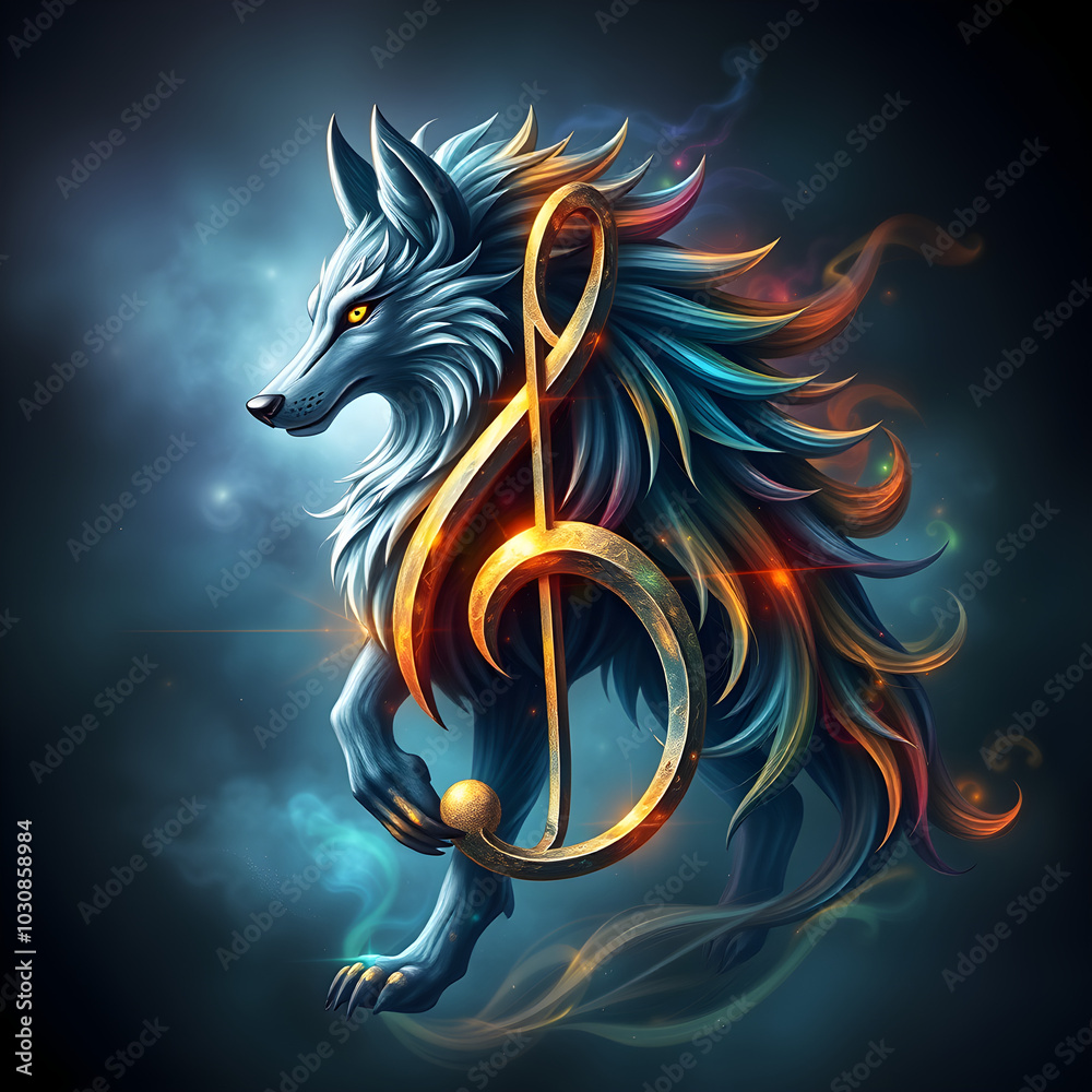 A treble clef symbol makes up the body of a fantasy wolf. Incredible colors and magic A treble clef symbol makes up the body of a fantasy wolf. Incredible colors and magic
