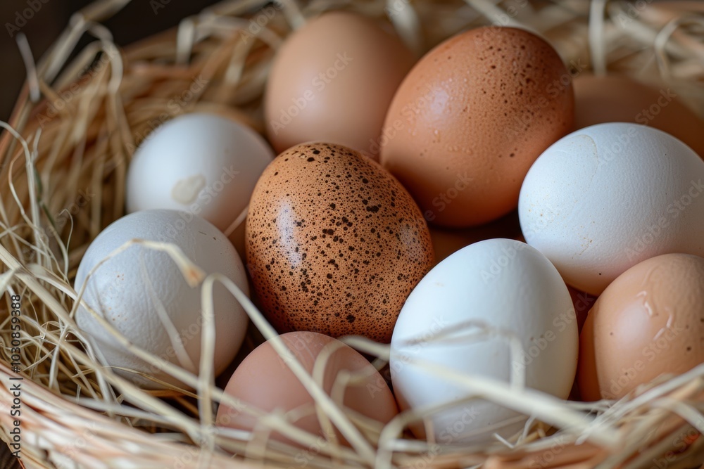 Variety of eggs in a straw nest Variety of eggs in a straw nest