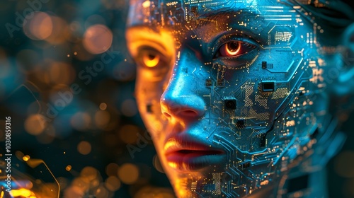 The face of android young woman covered with integrated microcircuits against background of IT equipment, neon lights and digital elements. Future human robot with electronic chips and circuit on head