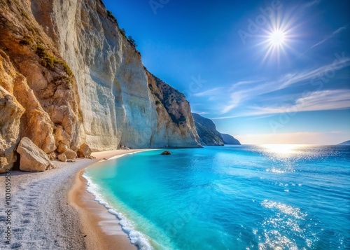 Scenic Cliffs and Turquoise Waters of Gialos Beach in Lefkada, Greece - Minimalist Photography for Coastal Bliss