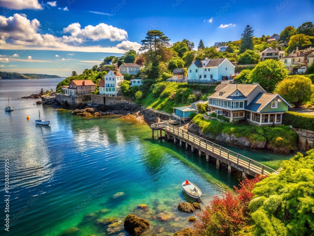 Fototapeta premium Scenic Coastal Landscape with Structures and Lush Foliage for Stunning Visuals