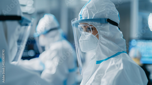 Healthcare professionals fully equipped in personal protective equipment (PPE) during a critical medical operation.