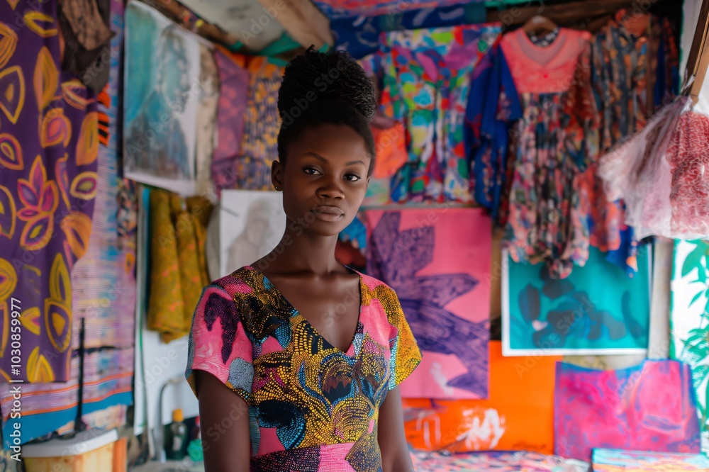 Fototapeta premium Young fashion designer is posing in her colorful studio, surrounded by her creations and fabric samples
