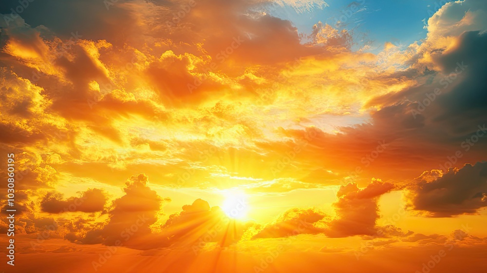 Obraz premium Evening sunshine background. Yellow orange sky colors landscape. Incredible dramatic sky