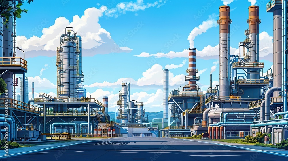 Exterior view of an oil refinery with a network of pipes and ducts, framed by industrial buildings and smokestacks. Illustration capturing the industrial essence, chemical plant, factory. High Exterior view of an oil refinery with a network of pipes and ducts, framed by industrial buildings and smokestacks. Illustration capturing the industrial essence, chemical plant, factory. High