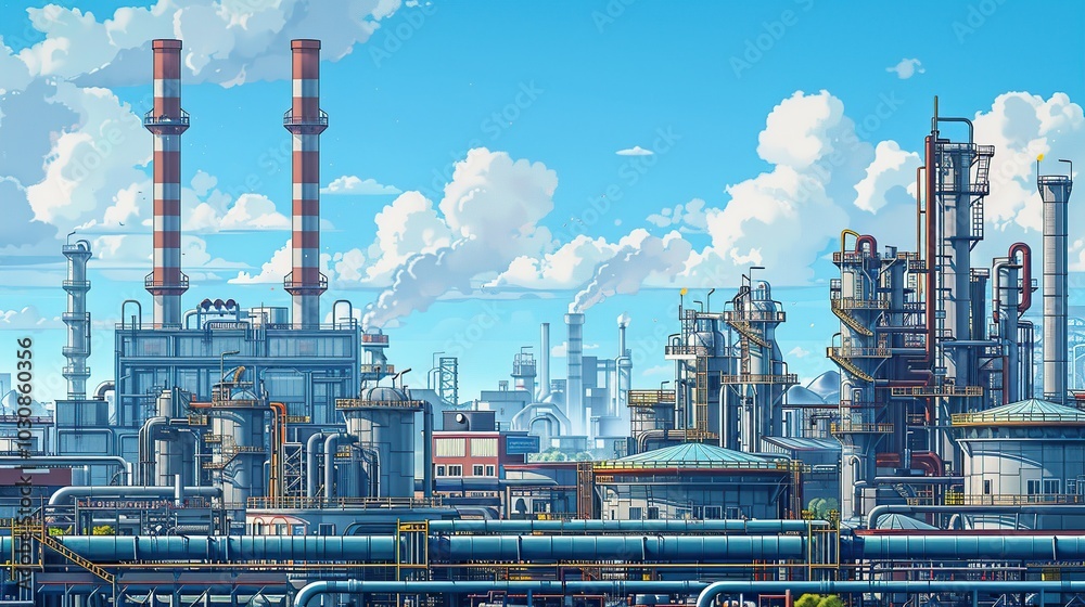 Exterior view of an oil refinery with a network of pipes and ducts, framed by industrial buildings and smokestacks. Illustration capturing the industrial essence, chemical plant, factory. High Exterior view of an oil refinery with a network of pipes and ducts, framed by industrial buildings and smokestacks. Illustration capturing the industrial essence, chemical plant, factory. High