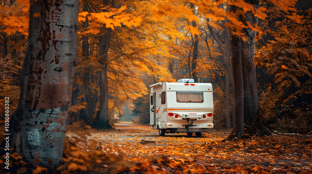 Travel trailer parked in forest wilderness nature in autumn or fall season outdoors background, Travel trailer parked in an autumn forest surrounded by orange and yellow leaves beautiful background. Travel trailer parked in forest wilderness nature in autumn or fall season outdoors background, Travel trailer parked in an autumn forest surrounded by orange and yellow leaves beautiful background.
