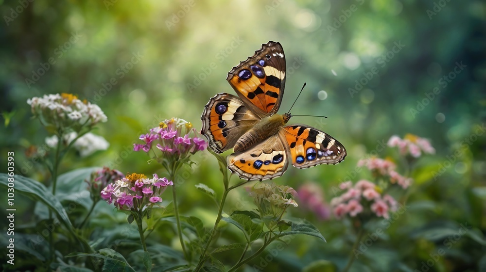 A photograph of natural scene of butterfly and flowers with blurry background A photograph of natural scene of butterfly and flowers with blurry background
