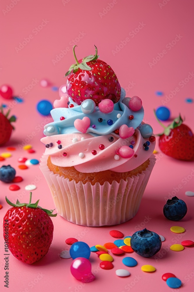Pink Cupcake with Frosting and Sprinkles Pink Cupcake with Frosting and Sprinkles