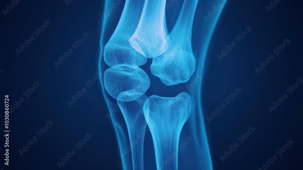X-ray view of a knee joint, showing ligaments and bone alignment, medical analysis X-ray view of a knee joint, showing ligaments and bone alignment, medical analysis