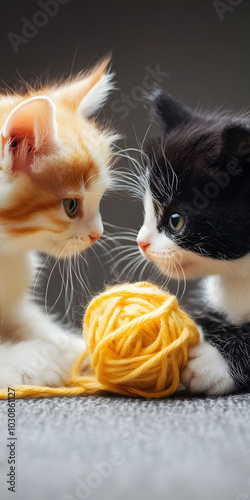 Gatinhos brincalhões perseguindo um novelo de lã
