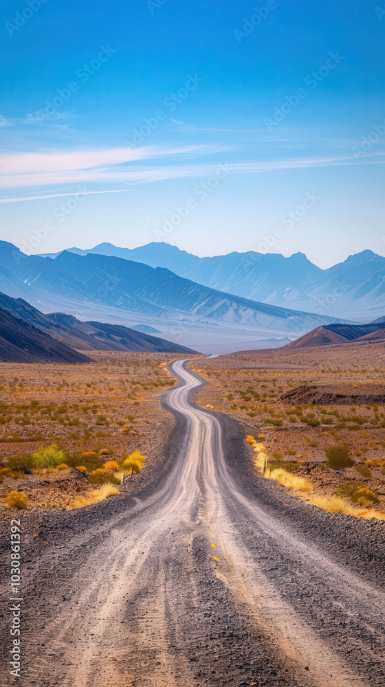 Desert Road to Mountains, a winding path through arid landscapes, stretching towards majestic peaks, showcasing the contrast of barren terrain and distant elevation. Desert Road to Mountains, a winding path through arid landscapes, stretching towards majestic peaks, showcasing the contrast of barren terrain and distant elevation.