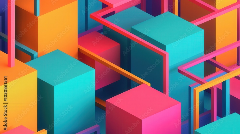 Vibrant 3D Grid Composition, an engaging blend of colorful lines and geometric shapes, creating a dynamic flat design that captivates with its modern aesthetic.