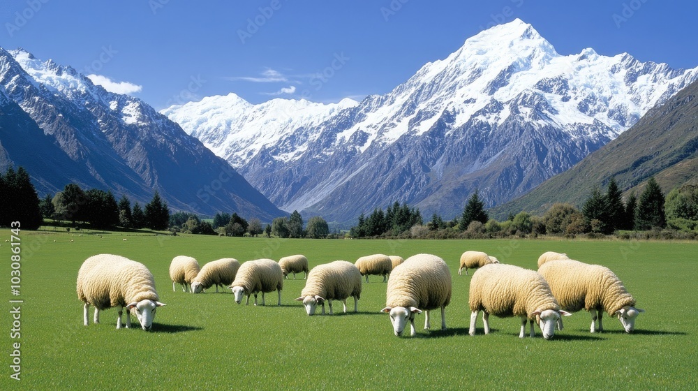Fototapeta premium Sheep grazing peacefully in the lush green hills of New Zealand on a cloudy day with rolling mountains in the backdrop
