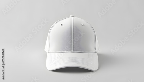 White baseball cap mockup on a grey background, front view isolated with white highlights, png