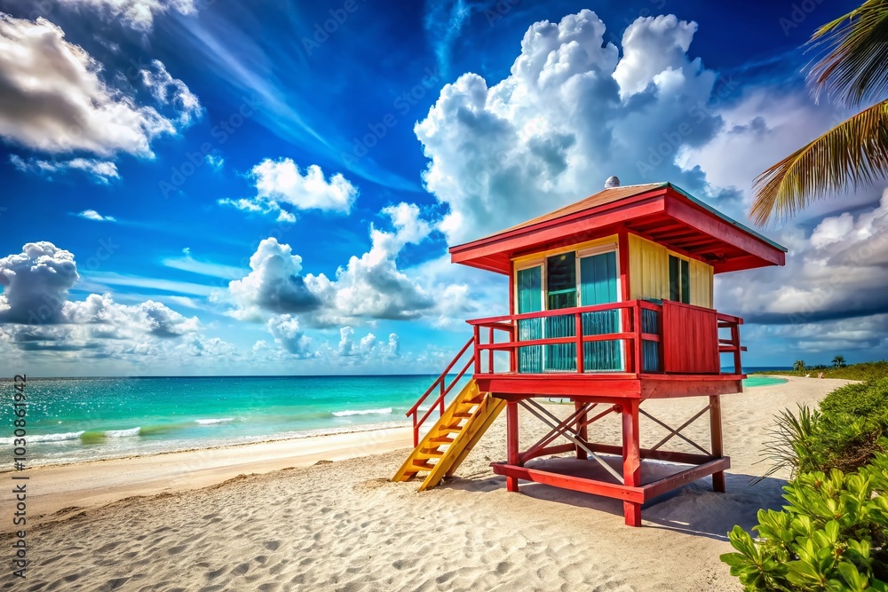 Scenic Lifeguard Tower on a Tropical Summer Beach with Blue Sea and Clear Sky Scenic Lifeguard Tower on a Tropical Summer Beach with Blue Sea and Clear Sky