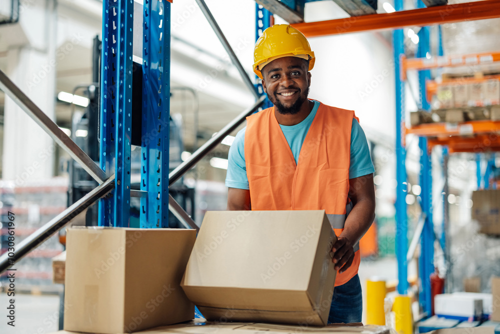 © Zamrznuti tonovi - Warehouse worker holding cardboard box smiling at camera © Zamrznuti tonovi - Warehouse worker holding cardboard box smiling at camera