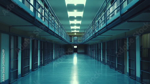 Prison Corridor with Steel Bars and Doors   Security  Confinement  Justice  Law Enforcemen photo