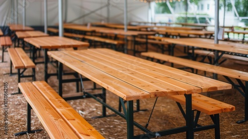 Oktoberfest Beer Tent, vibrant atmosphere filled with long wooden tables and benches, communal seating inviting festive gatherings and lively conversations photo