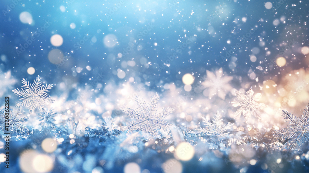 Sparkling Winter Wonderland Background with Snowflakes and Bokeh Lights
