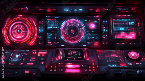 Futuristic control panel with vibrant neon lights and interfaces.