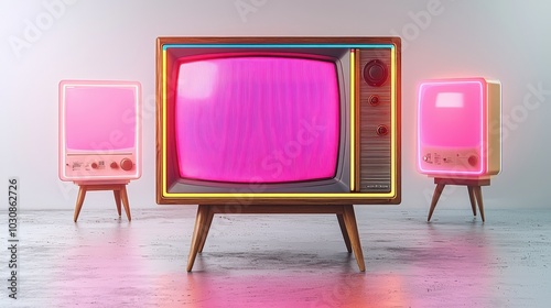 Three retro-style televisions stand together in a contemporary art environment, featuring striking pink screens that catch the viewer's attention photo