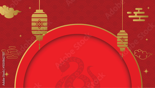 Happy Chinese new year 2025. China frame with lantern on red background.