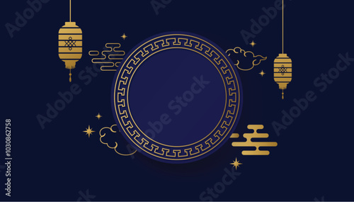 Happy Chinese new year 2025. Chinese new year banner with circle for show product. China frame with lantern on blue background.