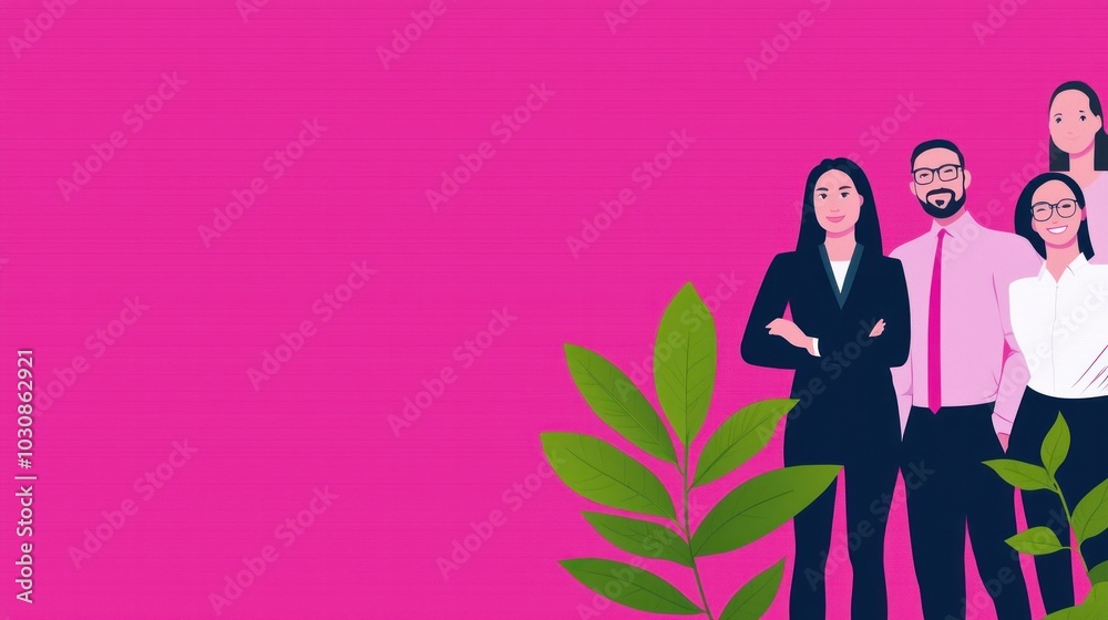 A diverse team of professionals standing confidently with a vibrant pink background and green plants, representing teamwork and growth. A diverse team of professionals standing confidently with a vibrant pink background and green plants, representing teamwork and growth.