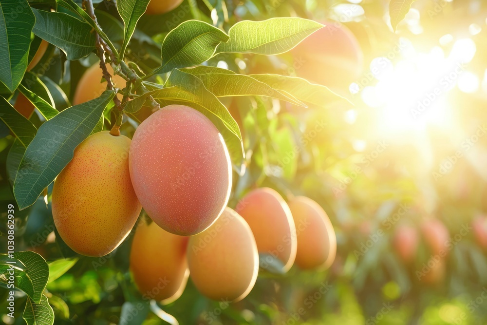 Ripe Mangoes Hanging on a Branch in Sunlight Ripe Mangoes Hanging on a Branch in Sunlight