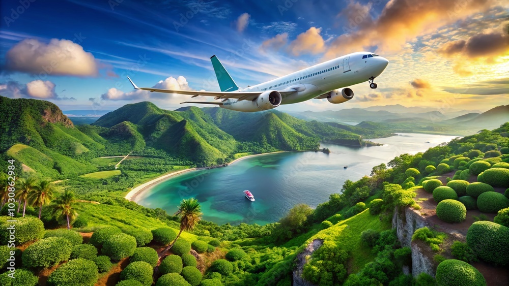 Fototapeta premium Scenic Passenger Airplane Flight Over Serene Landscape for Travel Enthusiasts