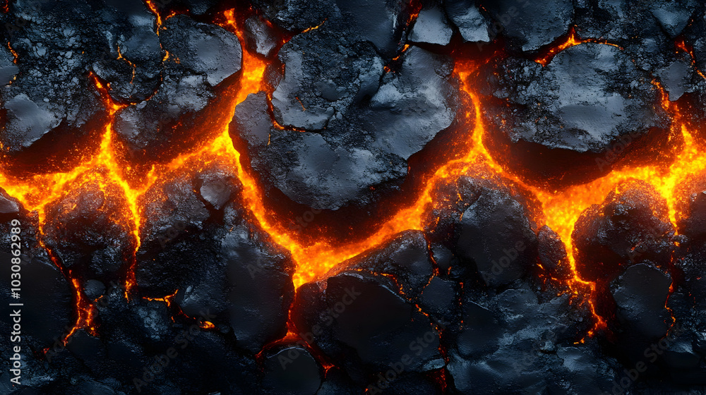 A close-up of volcanic rock with glowing lava cracks. A close-up of volcanic rock with glowing lava cracks.