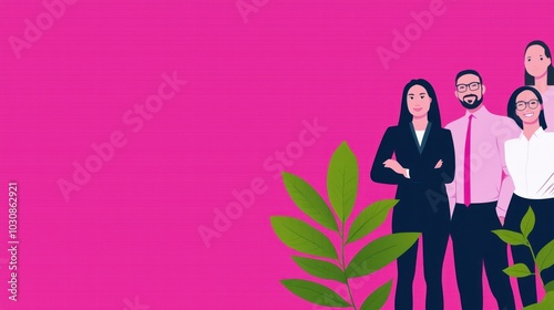 A diverse team of professionals standing confidently with a vibrant pink background and green plants, representing teamwork and growth.