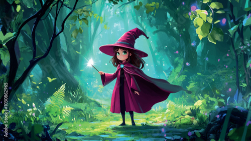 Beautiful Girl in Magicians Hat Cloak and Magic Wand in Hand Standing Dense Shady Forest Cartoon Background Illustration Featuring Enchanting Scene Lush Foliage and Magical
