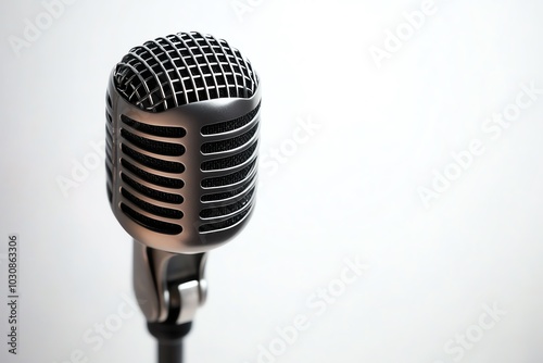 Oldschool dynamic microphone with a bold, cylindrical shape and durable metal grille, isolated on white to highlight its rugged, retro aesthetic photo