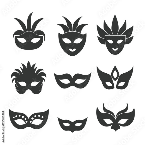 Venetian Mask Silhouette Vector Icon Set.