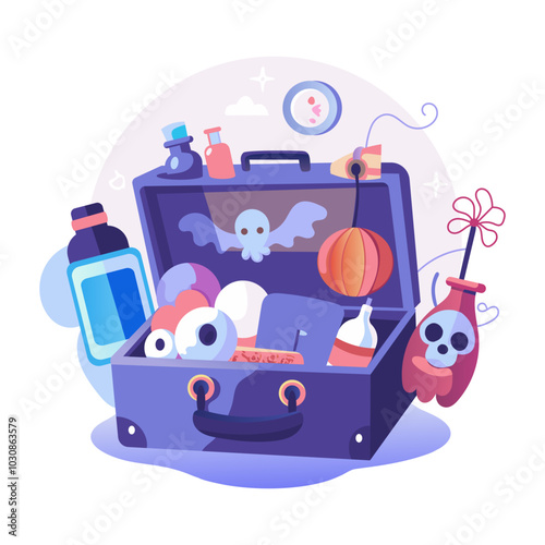 A flat illustration of scary puppets controlled by spooky character