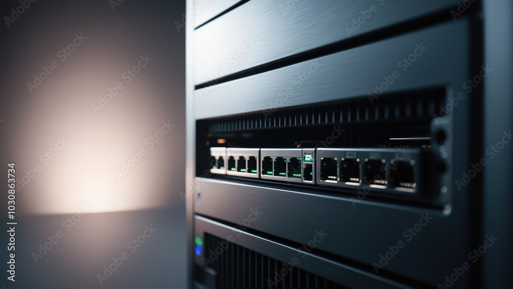 Network switch with ethernet cables connected to server rack in data center Network switch with ethernet cables connected to server rack in data center