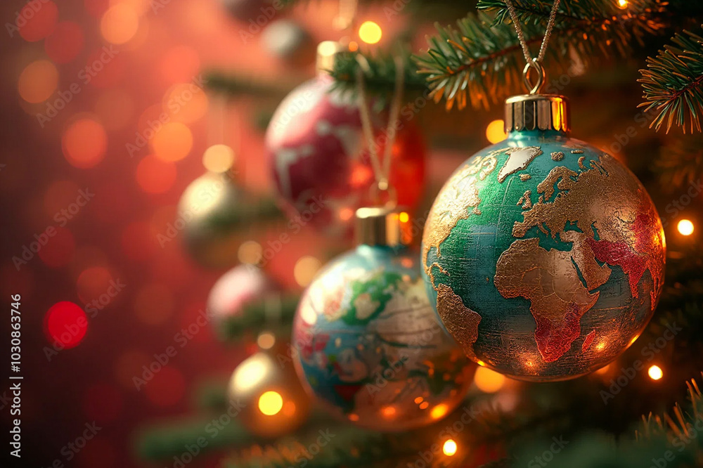 World map Christmas baubles in green and red hanging on a Christmas tree - AI generated World map Christmas baubles in green and red hanging on a Christmas tree - AI generated