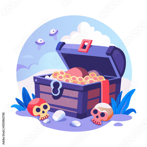 A flat illustration of spooky treasure with skulls 