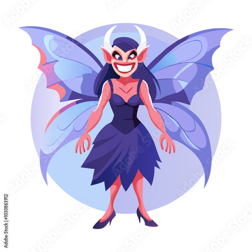 Scary girl with butterfly wings, a flat style illustration