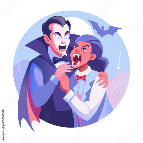 A flat illustration of scary vampire with horror girl