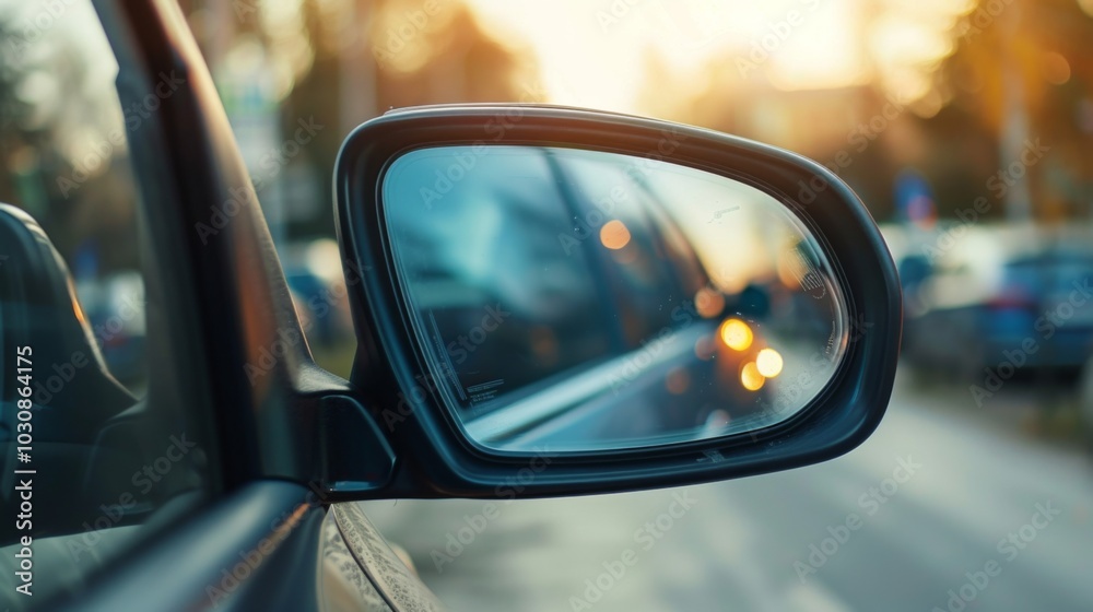 Close-up of a Car Side Mirror Reflecting Traffic and Sunset Close-up of a Car Side Mirror Reflecting Traffic and Sunset