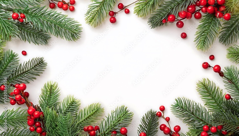 A festive flatlay featuring fresh green spruce twigs and bright red berries for a joyful Christmas celebration. Generative AI A festive flatlay featuring fresh green spruce twigs and bright red berries for a joyful Christmas celebration. Generative AI
